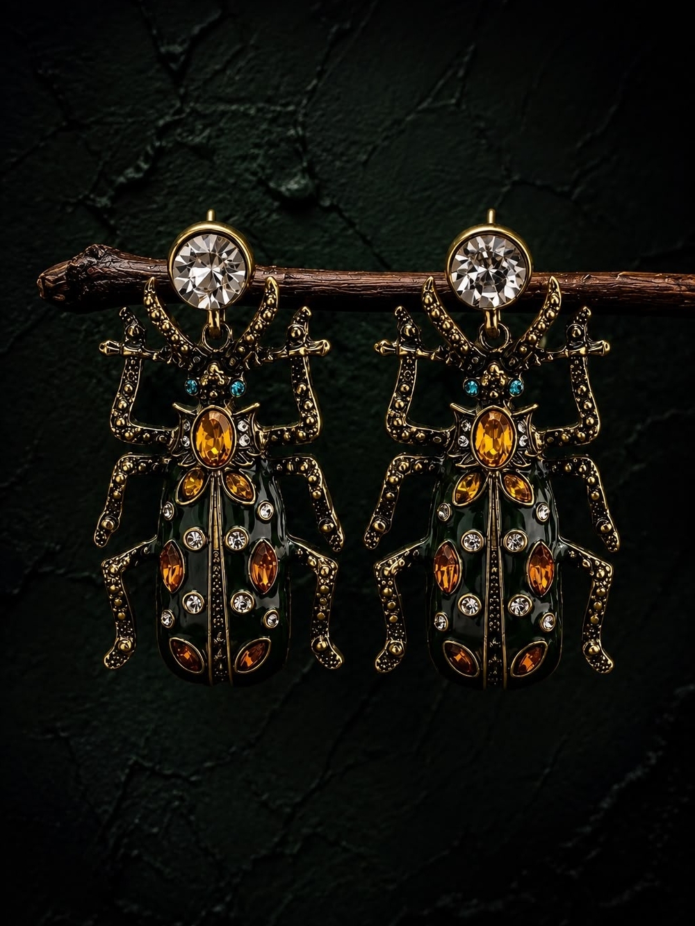 Gold and Green Beetle Drop Earrings - Designer Statement Jewelry - Picture 7 of 8